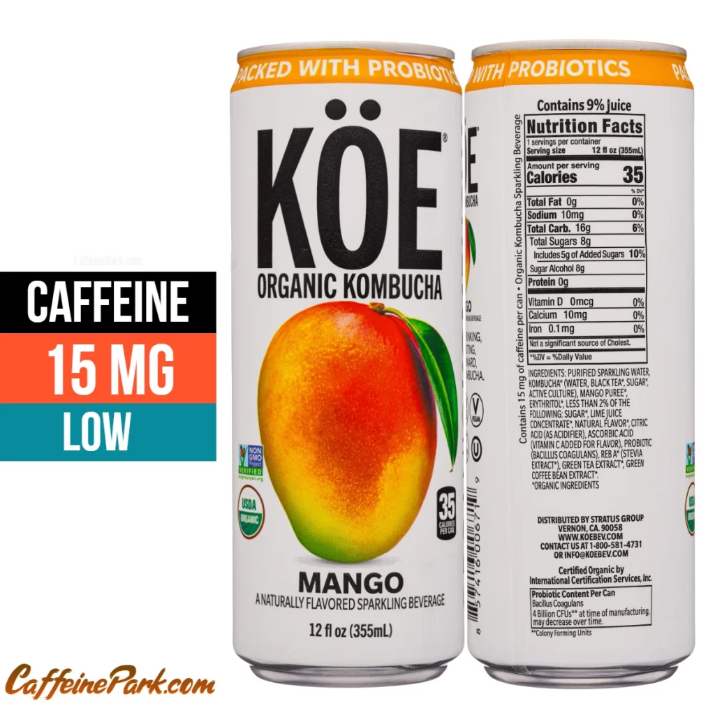 Caffeine in a Koe organic Mango Kombucha