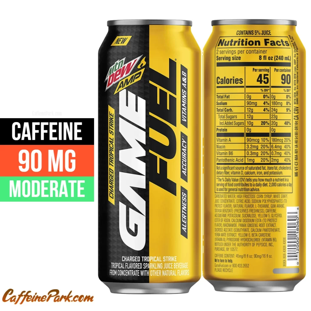 Caffeine in a Mountain Dew Game Fuel Charged Tropical Strike